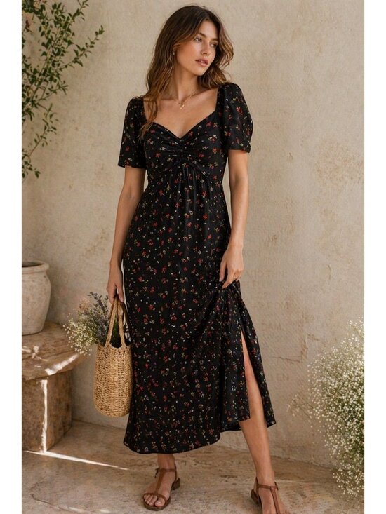 GAP Dresses & Skirts - GAP Floral Midi Dress Black Ditsy Print Puff Sleeve Cottagecore L